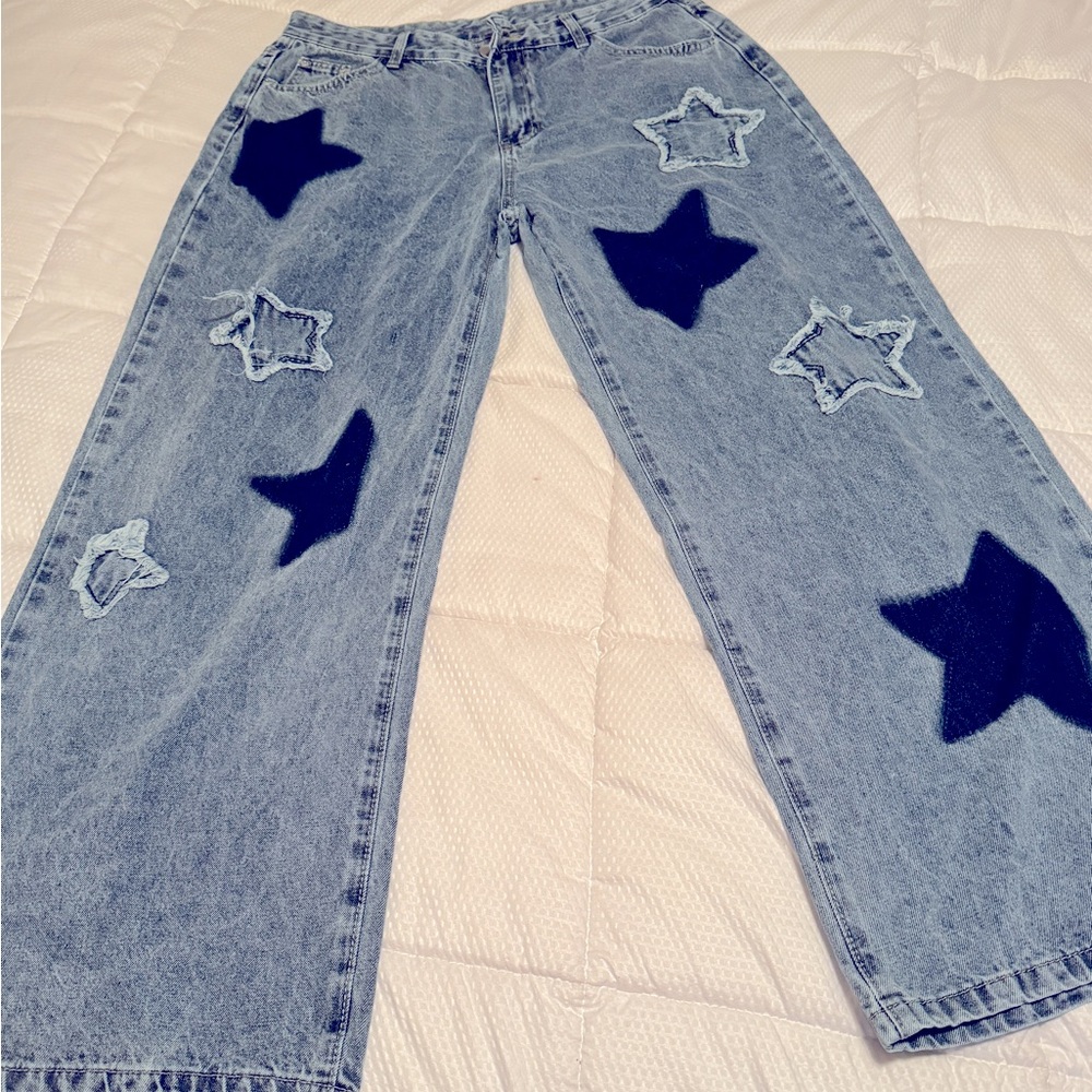 SHEIN Wide Leg Starry Print Jeans with Distressed Cut Design. SOLD